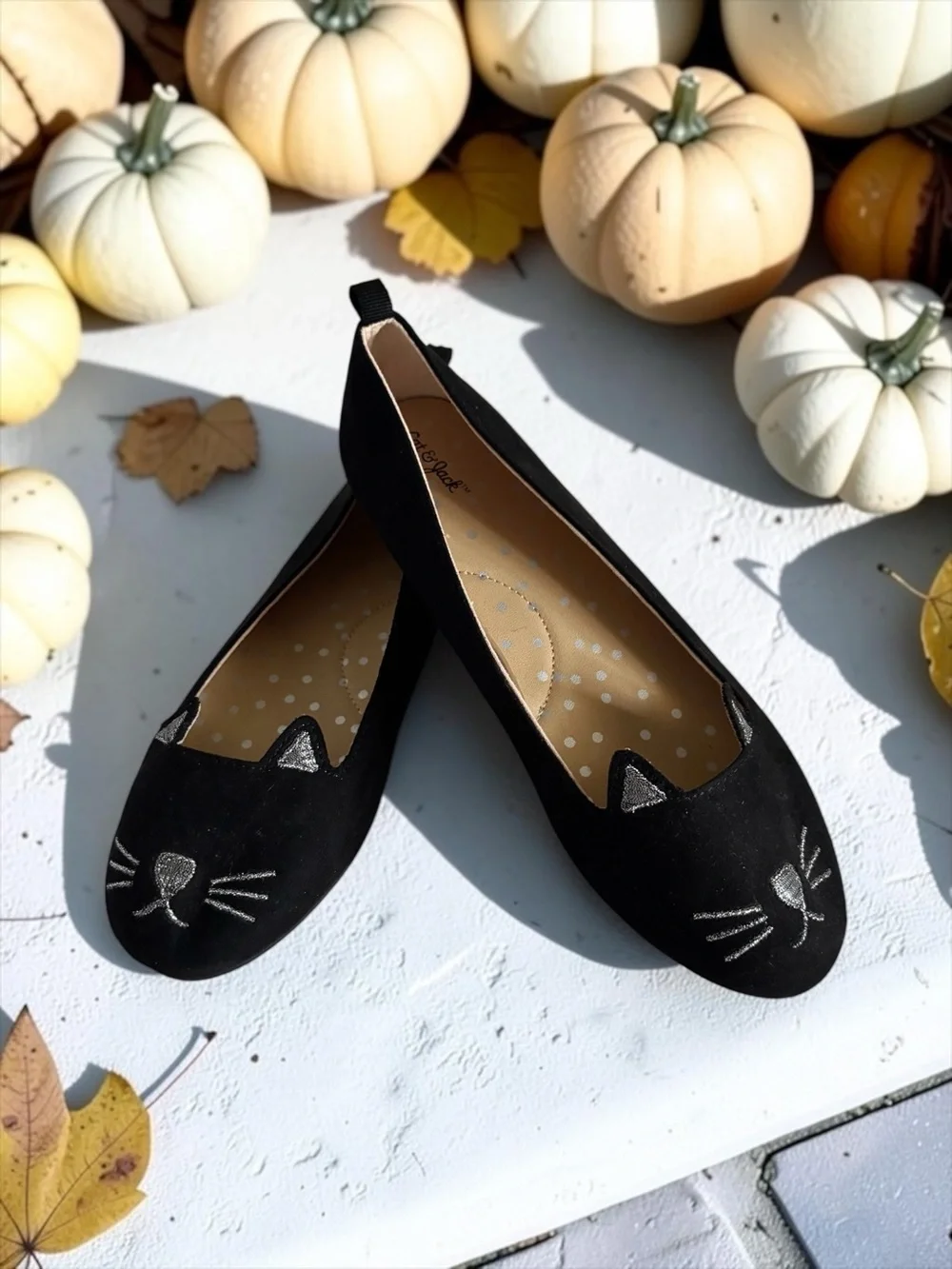 Cat & Jack Big Girls Size 4 Black Cat Face Flats EUC